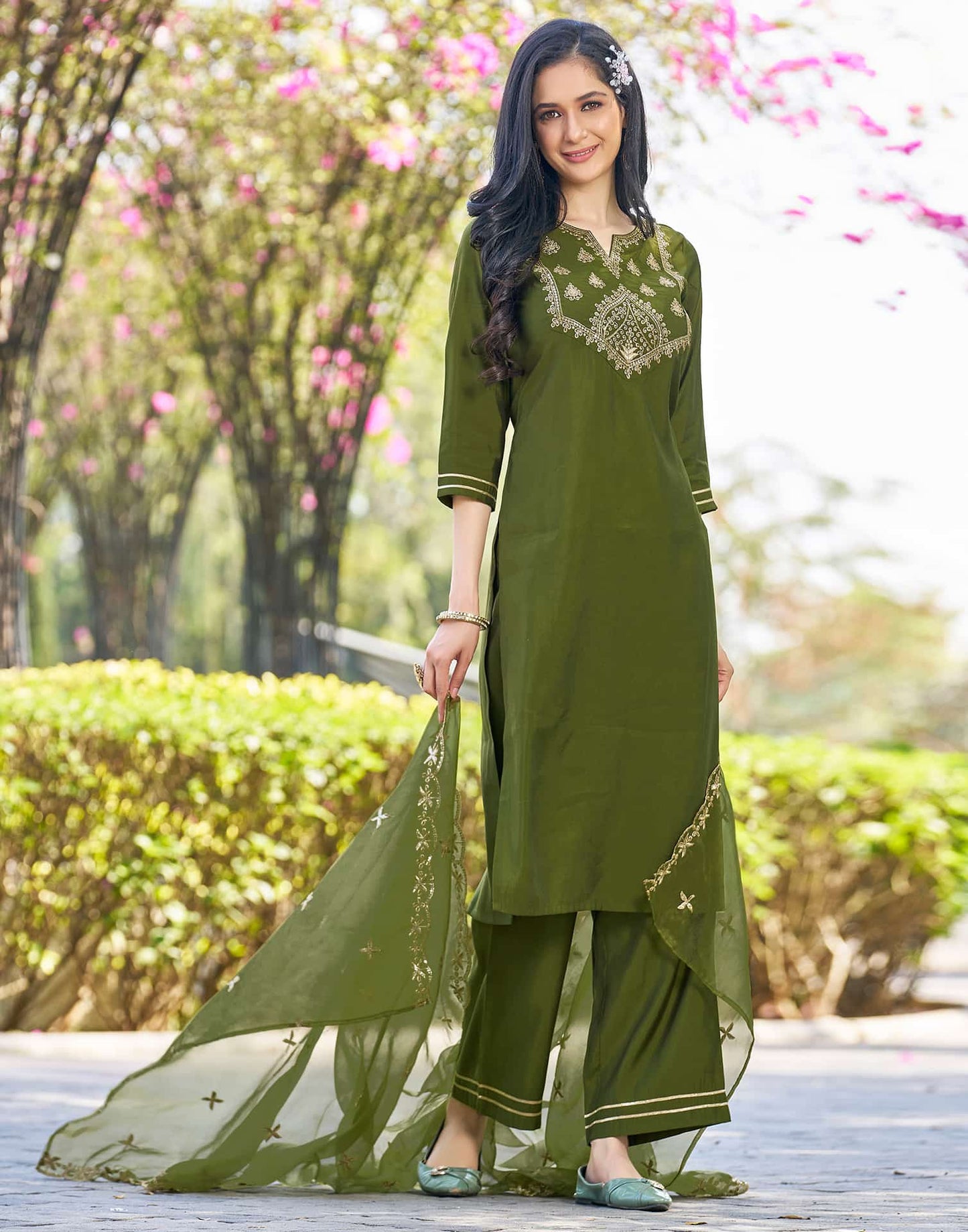 Silk Blend Sequence Embroidery Work and Lace A-Line Kurta with Pant & Dupatta