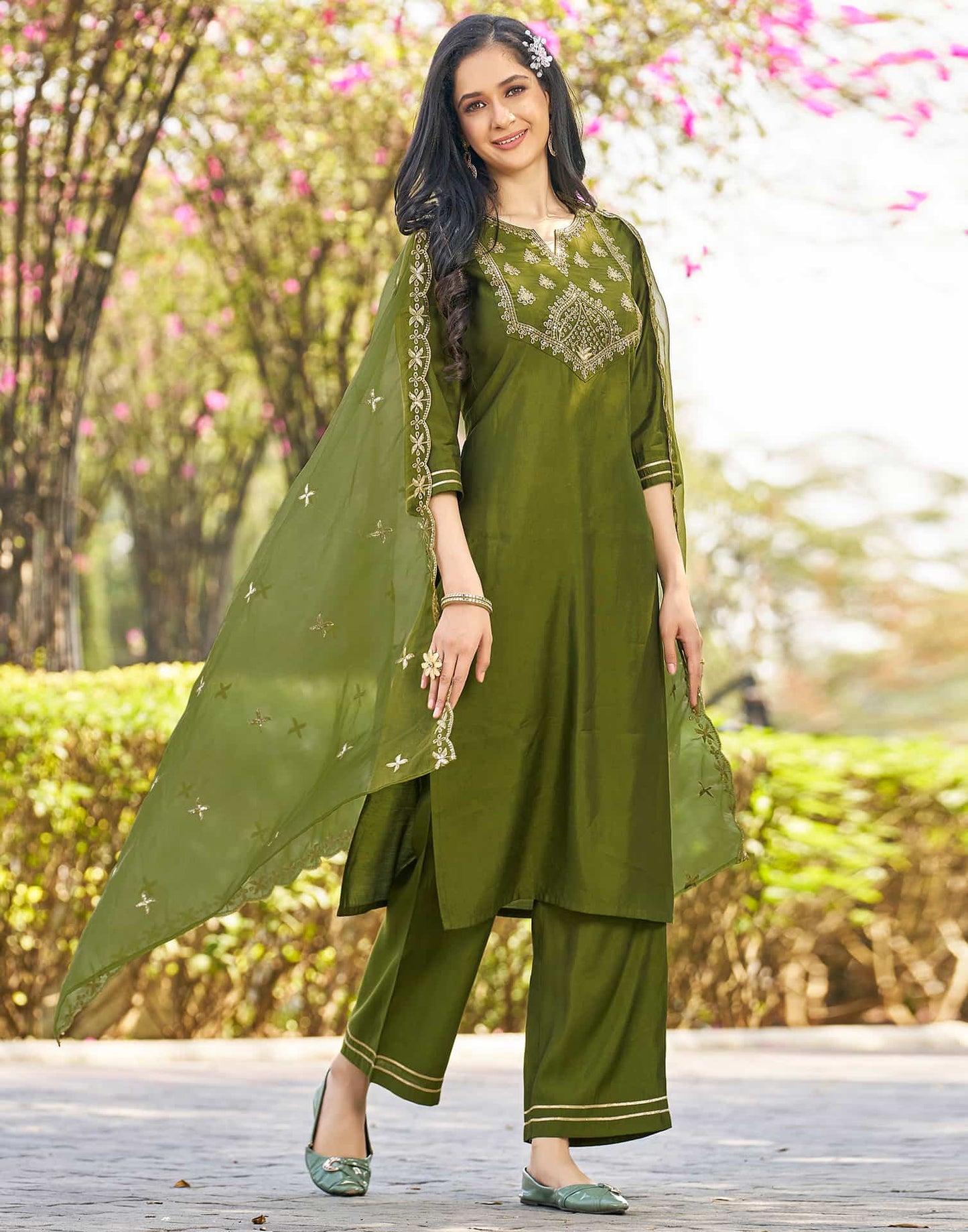 Silk Blend Sequence Embroidery Work and Lace A-Line Kurta with Pant & Dupatta