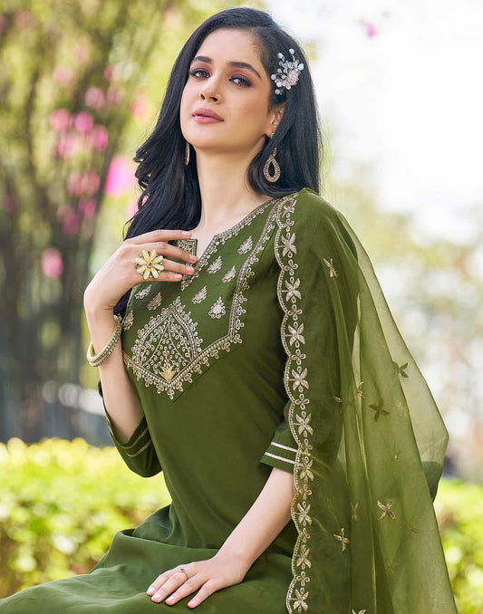 Silk Blend Sequence Embroidery Work and Lace A-Line Kurta with Pant & Dupatta