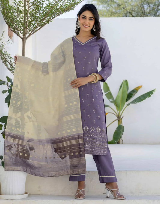 Skylee Purple Silk Printed Straight Kurta Set for Women