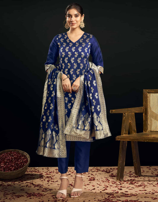 Silk Blend Woven Straight Kurta with Pant & Dupatta