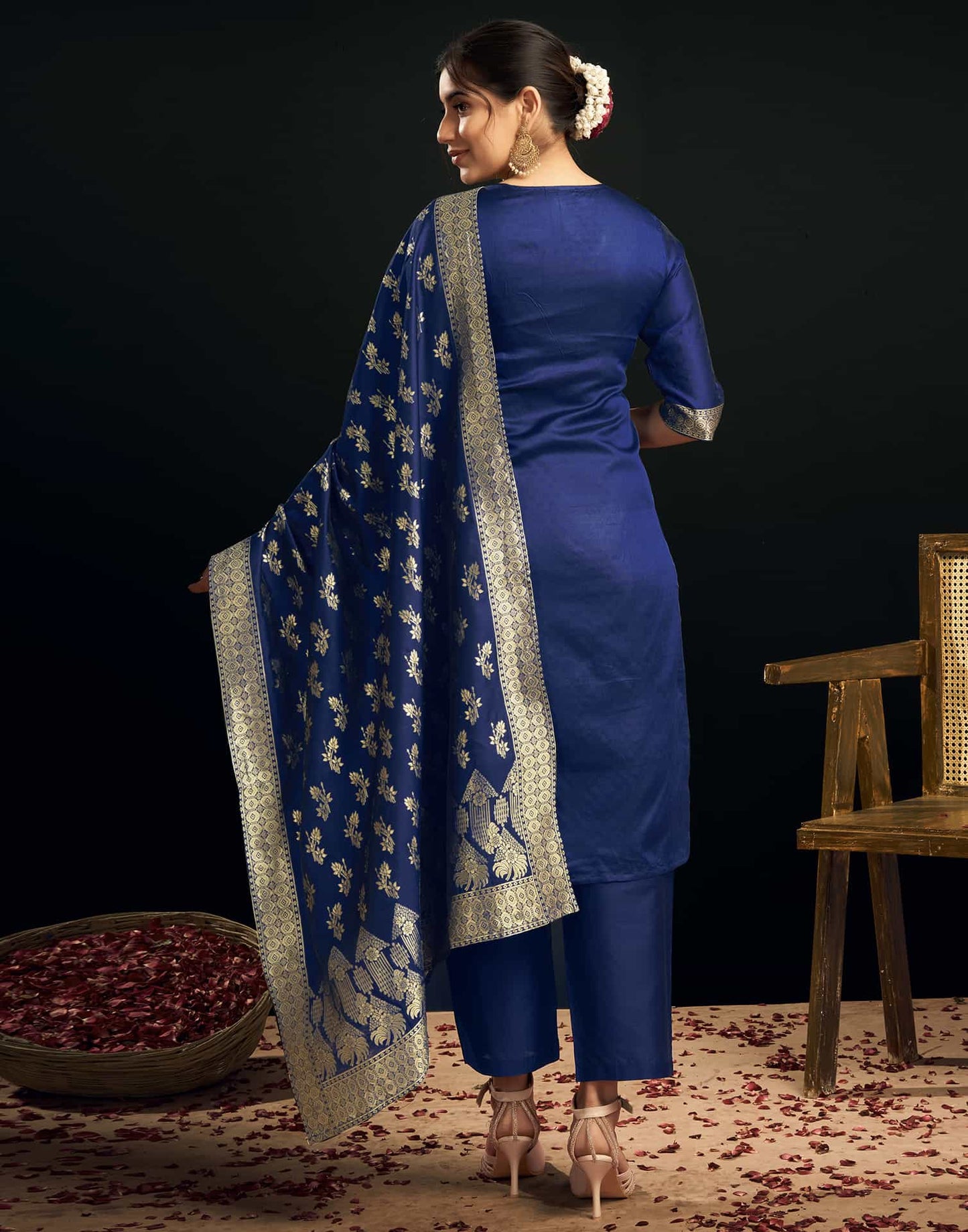 Silk Blend Woven Straight Kurta with Pant & Dupatta