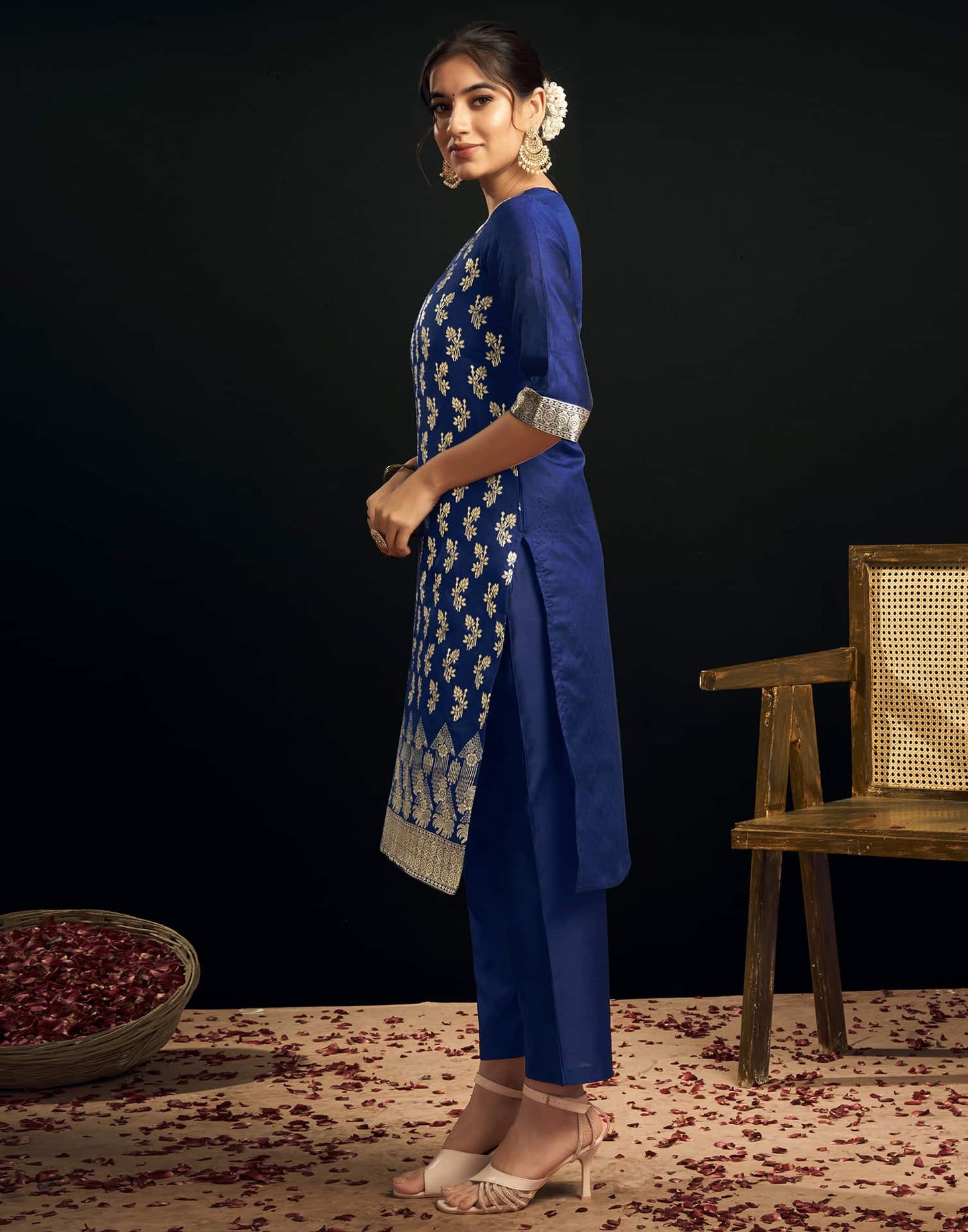 Silk Blend Woven Straight Kurta with Pant & Dupatta