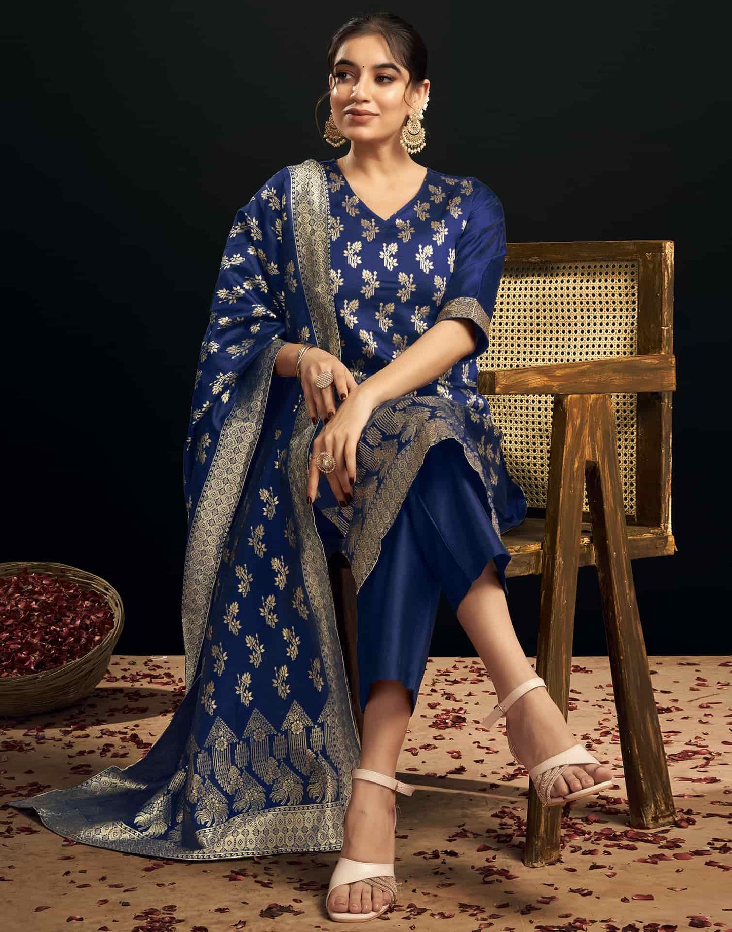 Silk Blend Woven Straight Kurta with Pant & Dupatta