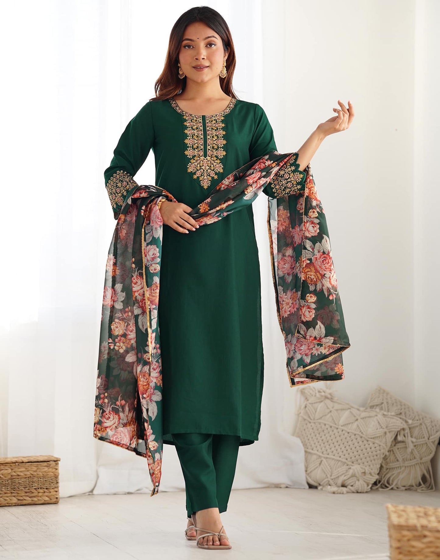 Silk Blend Embroidery, Sequence Work and lace Straight Kurta with Pant & Dupatta