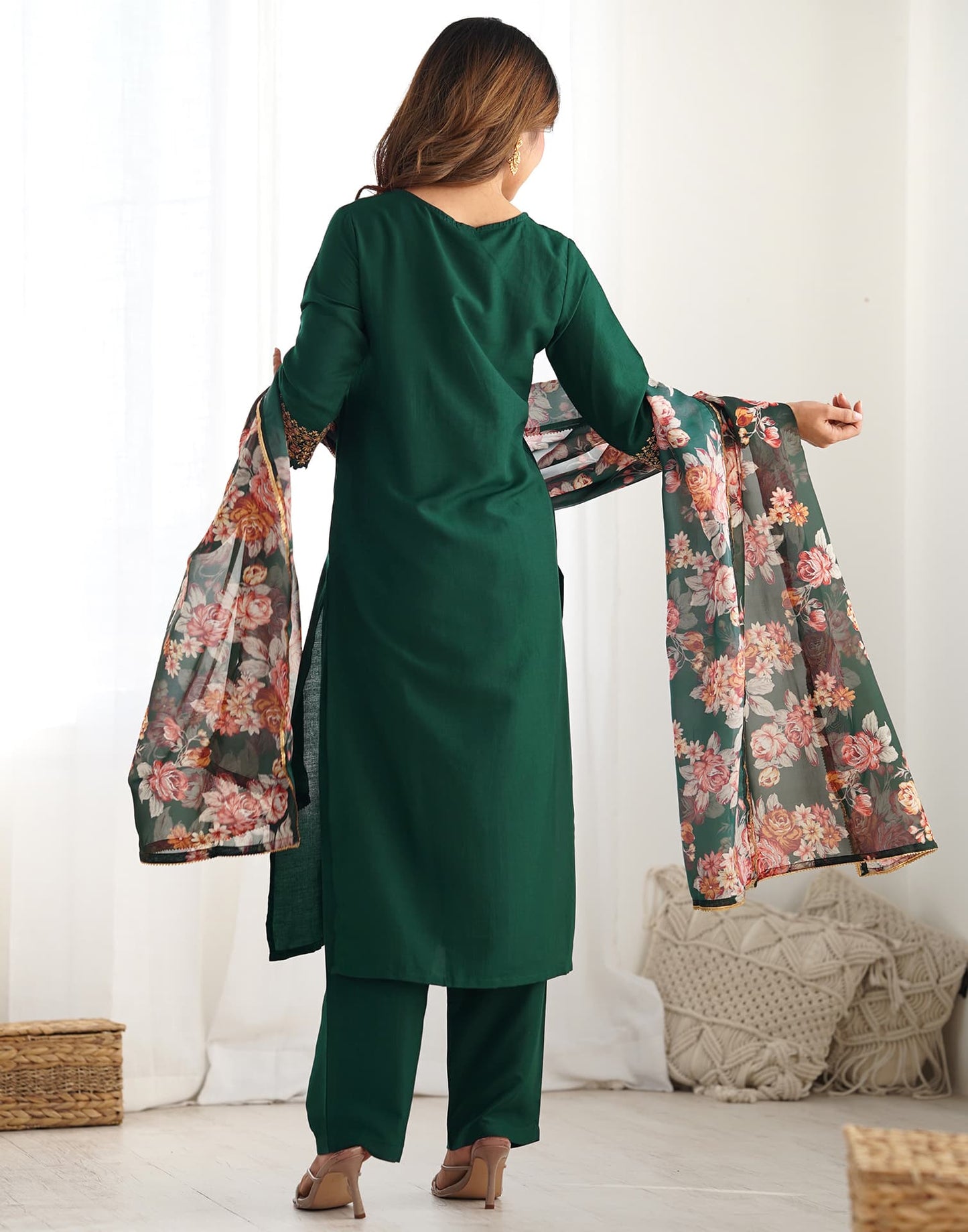 Silk Blend Embroidery, Sequence Work and lace Straight Kurta with Pant & Dupatta