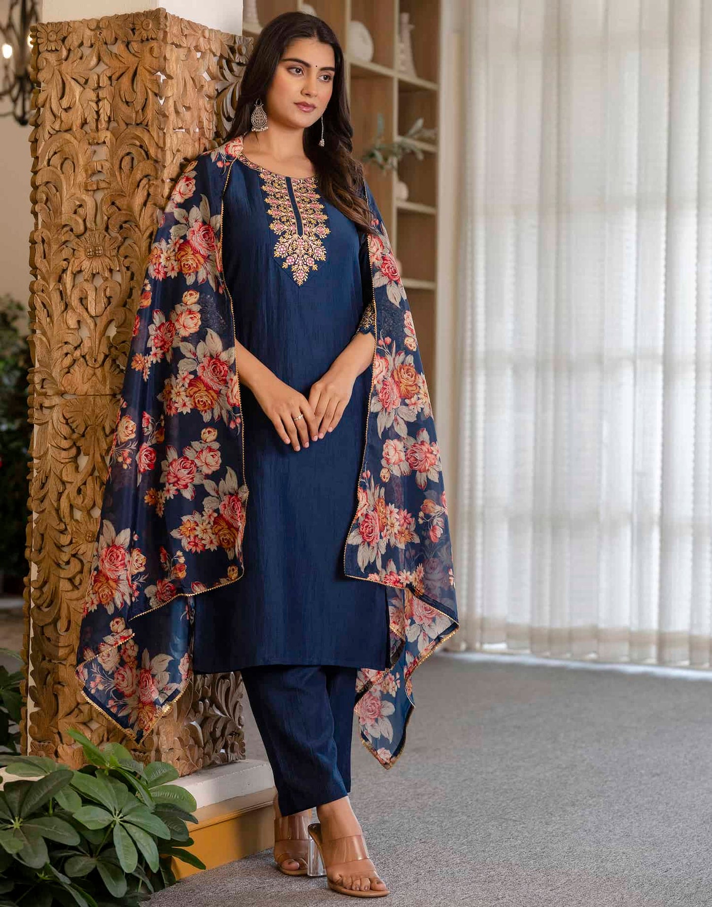 Silk Blend Embroidery, Sequence Work and lace Straight Kurta with Pant & Dupatta