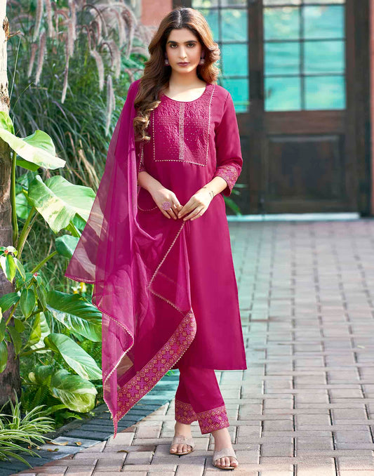 Cotton Blend Embroidered Straight Kurta with Pant & Dupatta