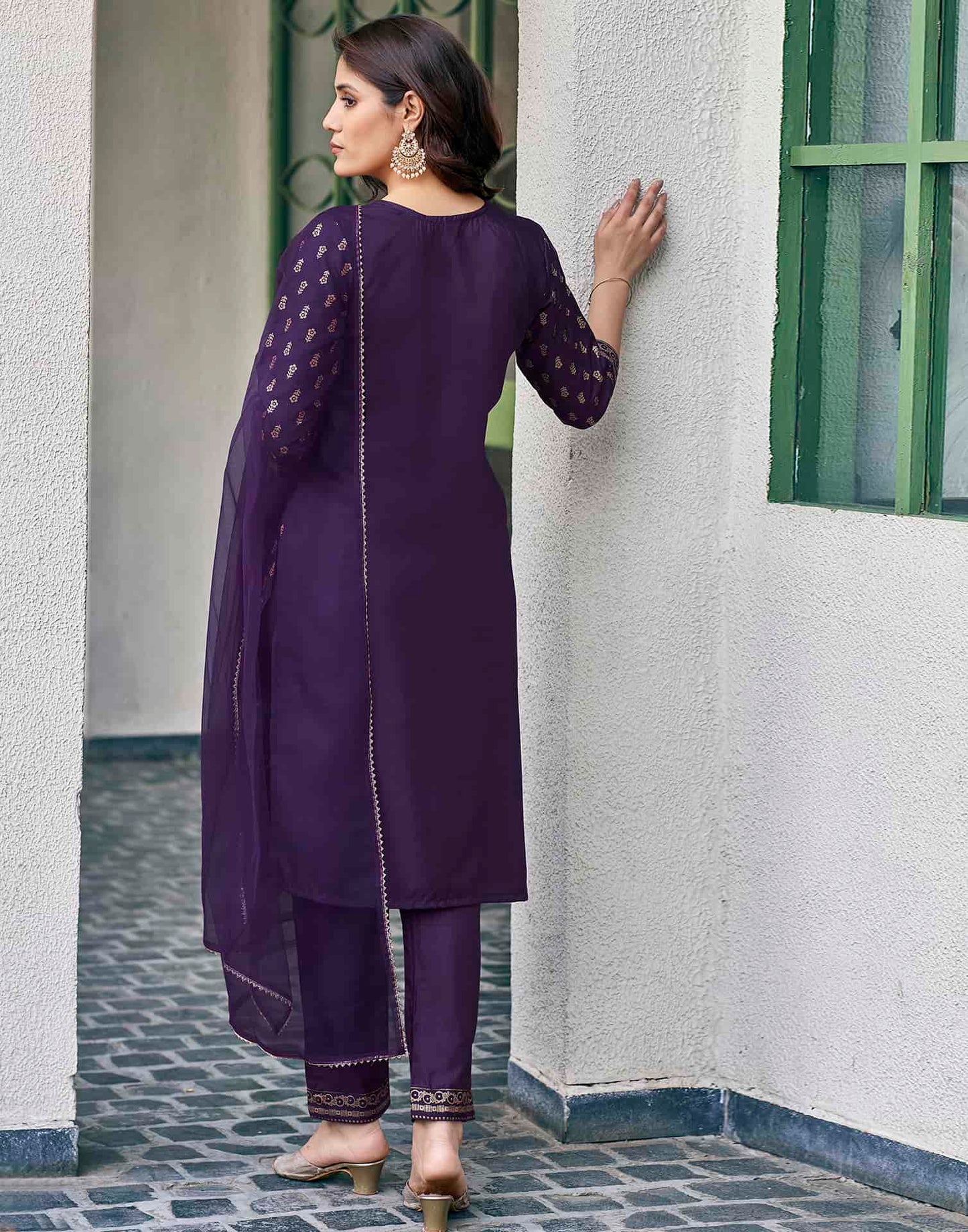 Cotton Blend Foil Printed and Gota Lace Straight Kurta with Pant & Dupatta