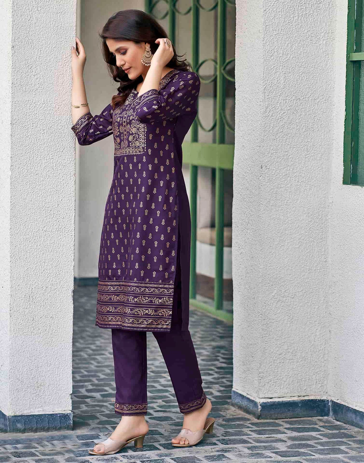 Cotton Blend Foil Printed and Gota Lace Straight Kurta with Pant & Dupatta