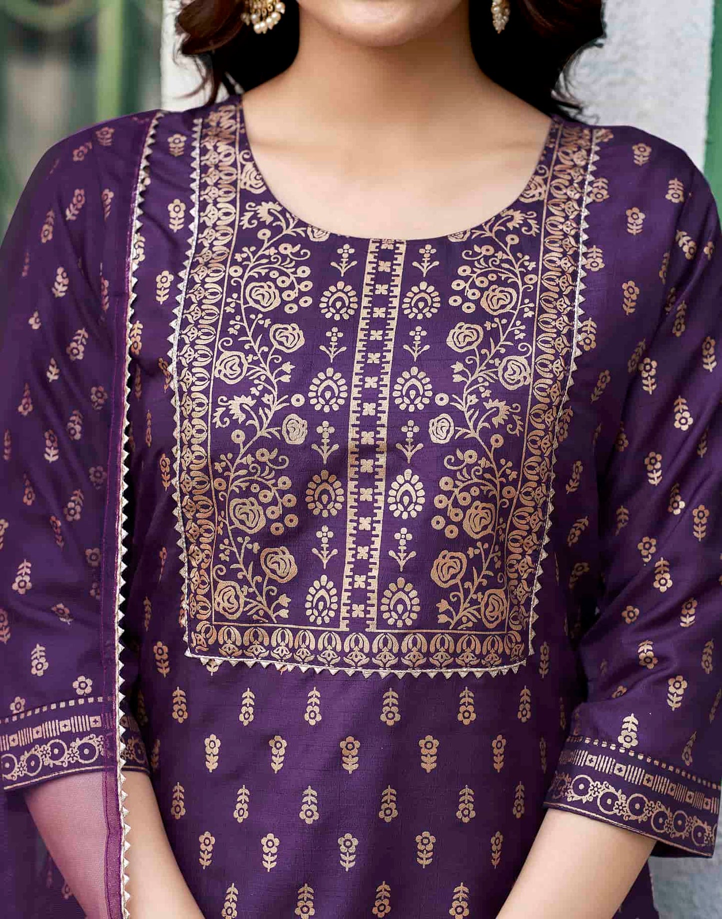 Cotton Blend Foil Printed and Gota Lace Straight Kurta with Pant & Dupatta