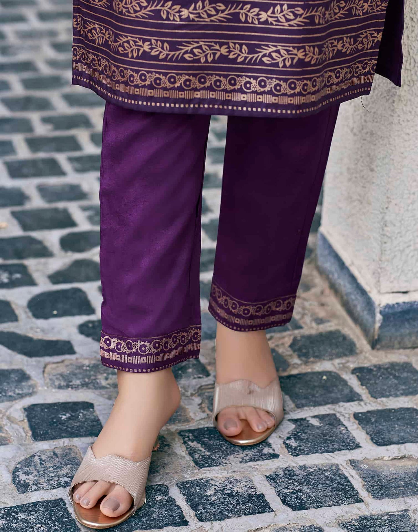 Cotton Blend Foil Printed and Gota Lace Straight Kurta with Pant & Dupatta