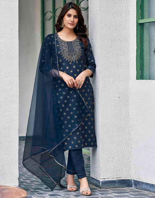 Cotton Blend Foil Printed, Embroidery and Gota Lace Straight Kurta with Pant & Dupatta