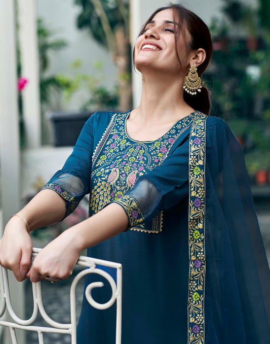 Cotton Blend Foil Printed and Gota Lace Straight Kurta with Pant & Dupatta