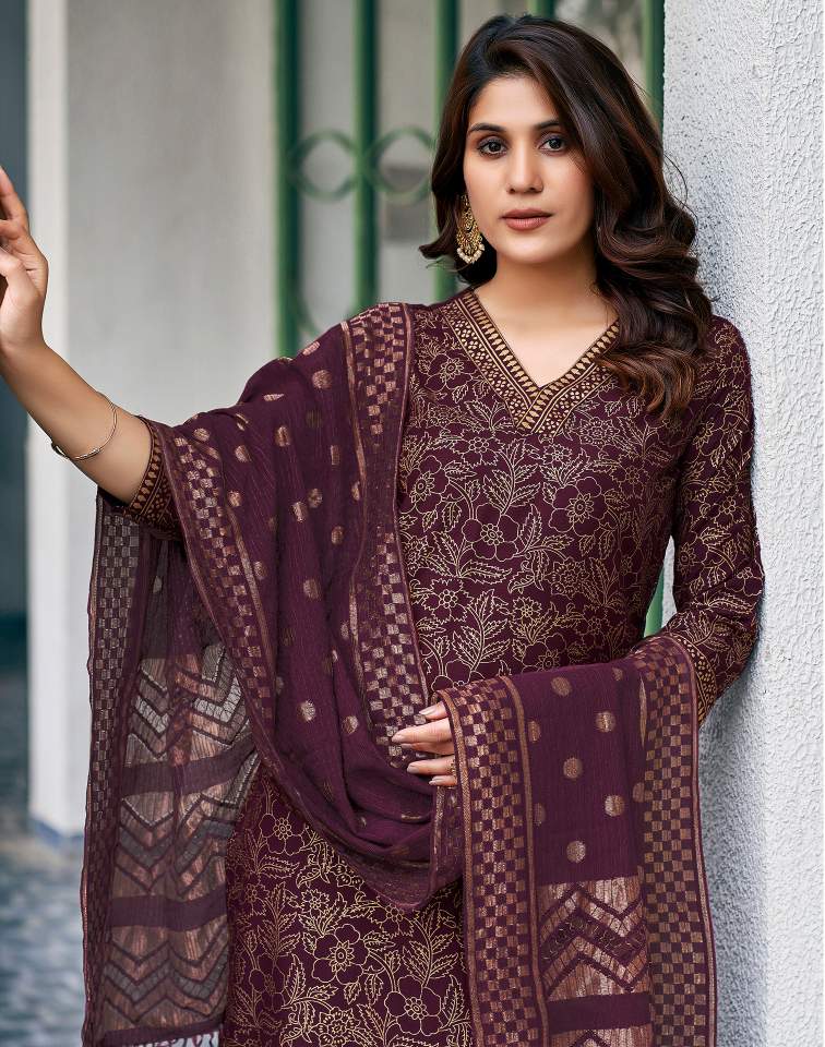 Wine Silk Foil Printed V Neck 3/4 Sleeve Straight Kurta Set With Pant & Dupatta