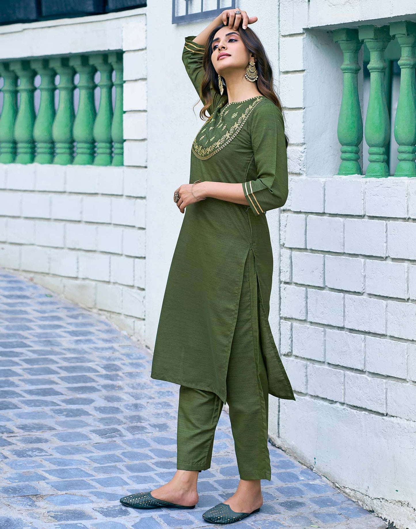 Art Silk Dyed, Embroidery Work and Lace Straight Kurta with Pant & Dupatta