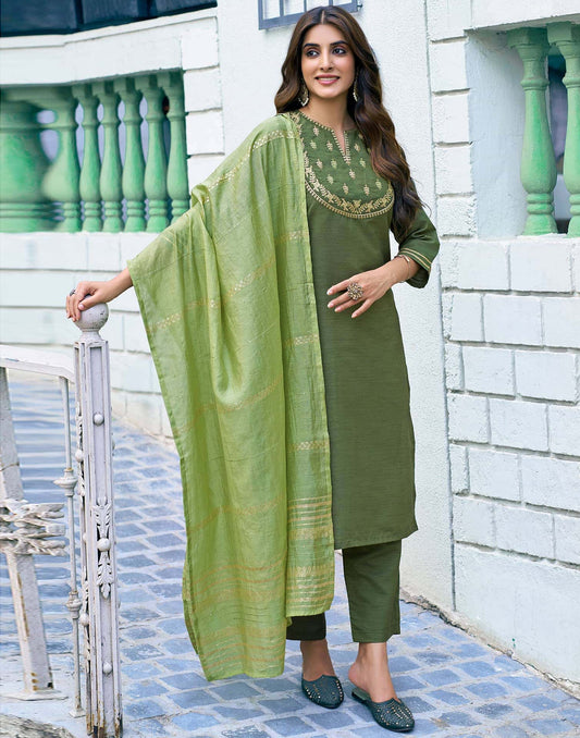 Affordable Olive Green Silk Embroidered Kurta Set with dupatta