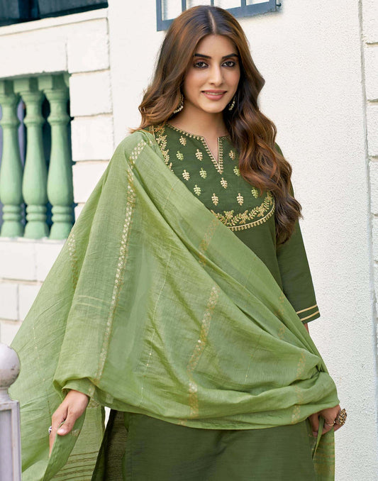 Affordable Olive Green Silk Embroidered Kurta Set with dupatta