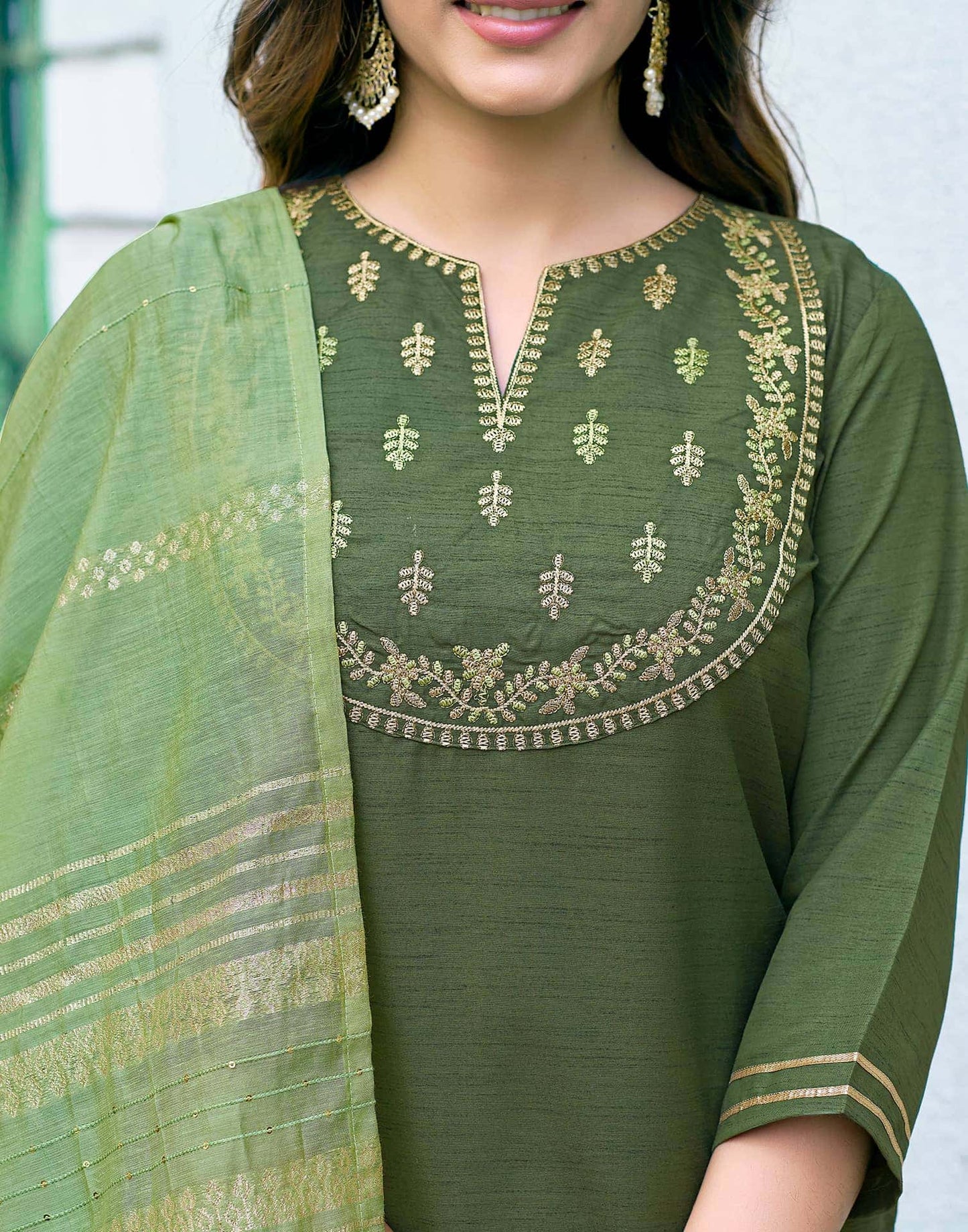 Art Silk Dyed, Embroidery Work and Lace Straight Kurta with Pant & Dupatta
