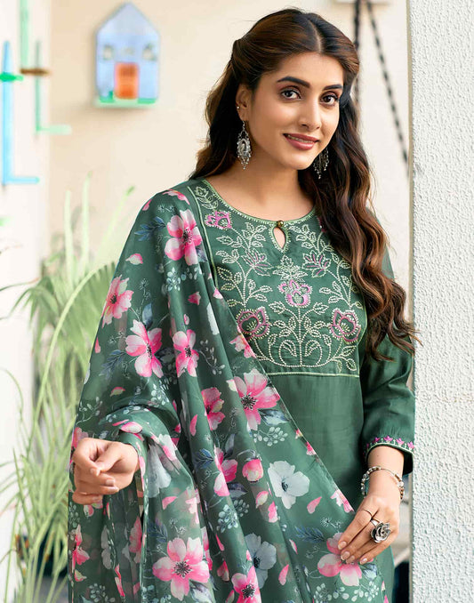 Silk Blend Embroidered Straight Kurta with Pant & Dupatta