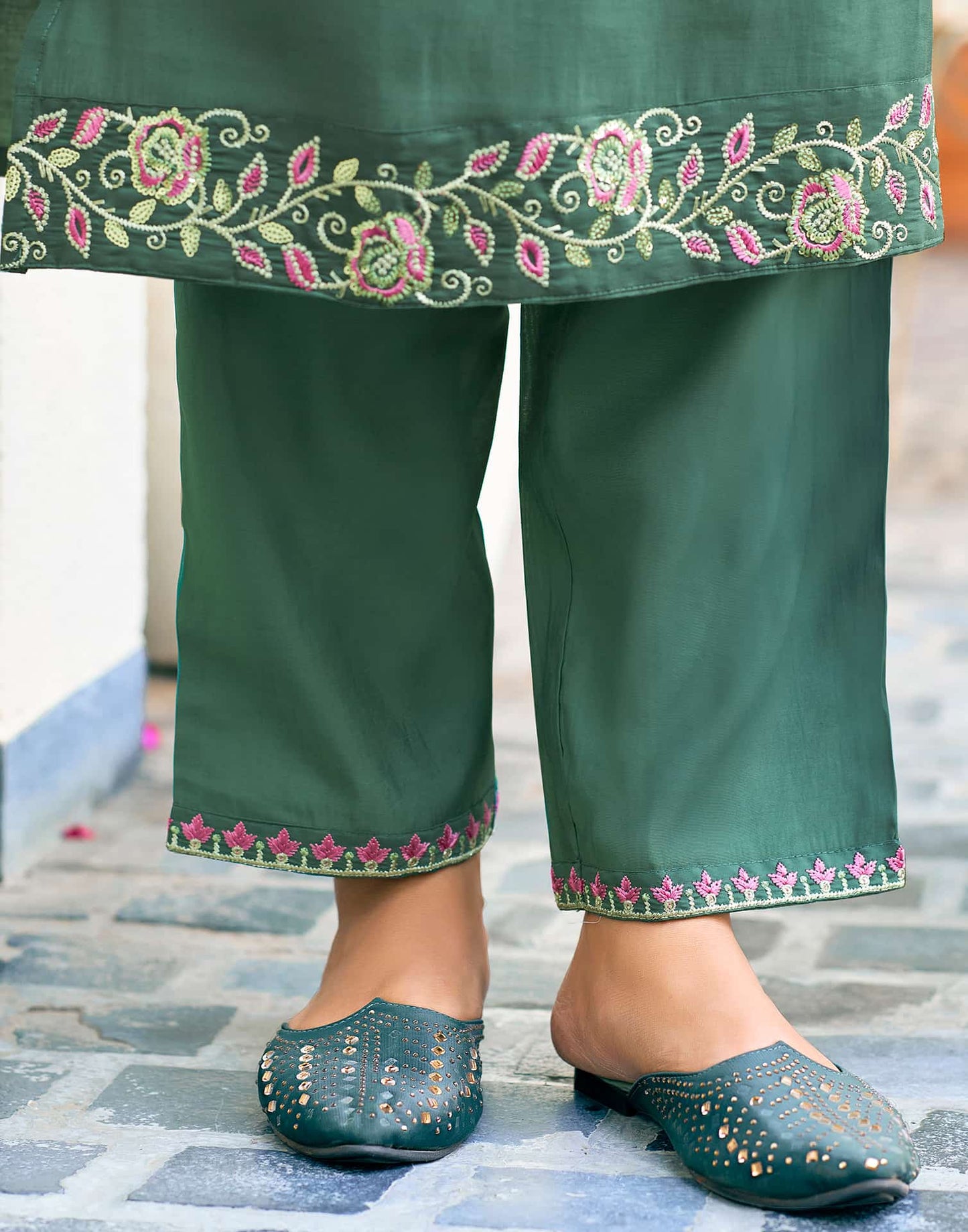 Silk Blend Embroidered Straight Kurta with Pant & Dupatta