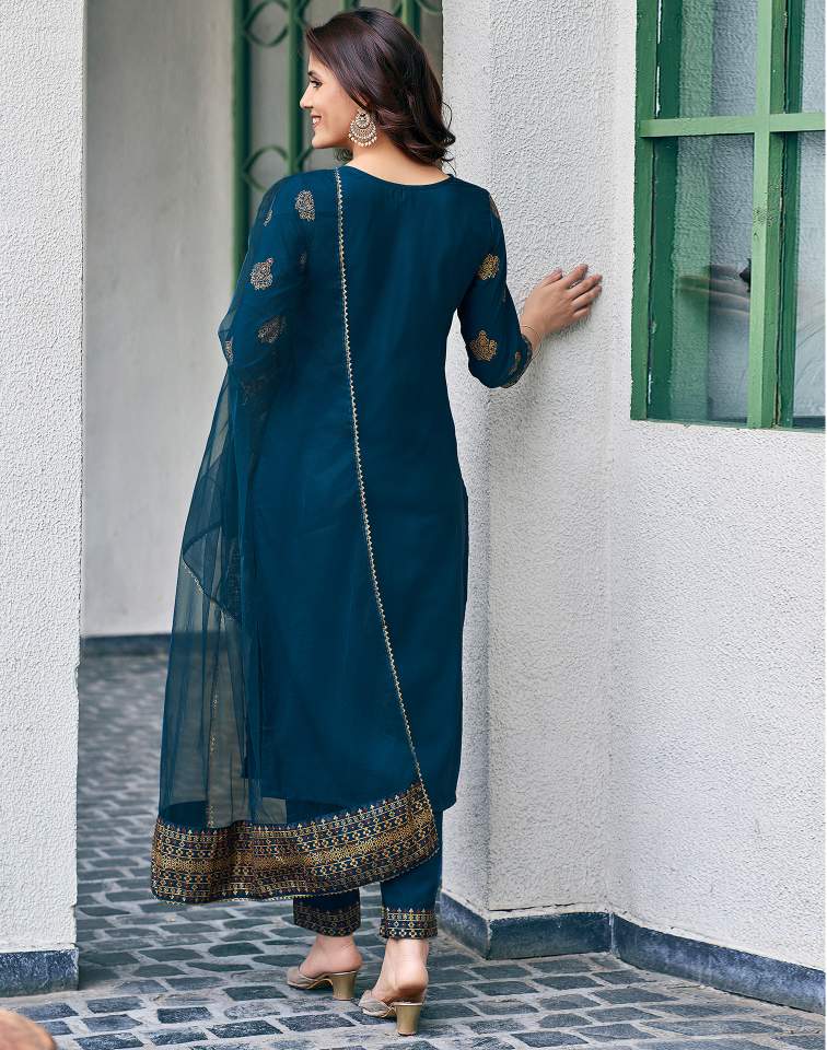 Teal Blue Silk Printed Round Neck 3/4 Sleeve Straight Kurta Set With Pant & Dupatta