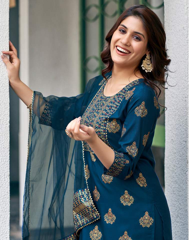 Teal Blue Silk Printed Round Neck 3/4 Sleeve Straight Kurta Set With Pant & Dupatta