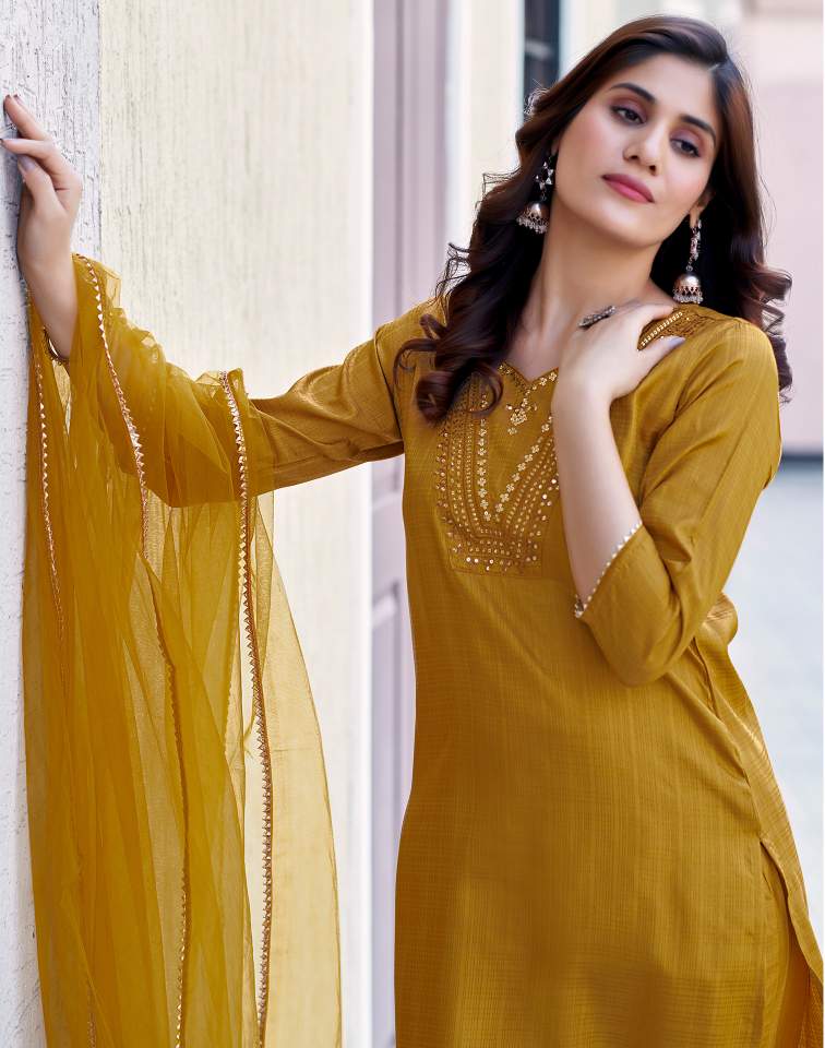 Mustard Yellow Silk Plain Sweetheart Neck 3/4 Sleeve Straight Kurta Set With Pant & Dupatta