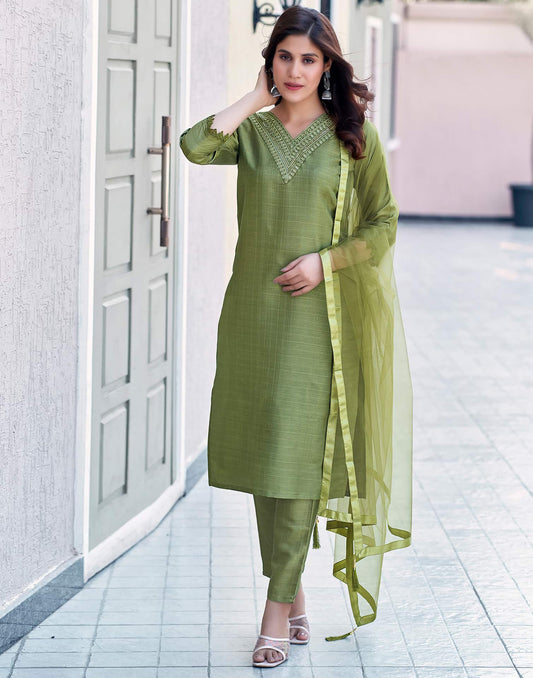 Silk Blend Sequence Embroidery Work and Lace Straight Kurta with Pant & Dupatta