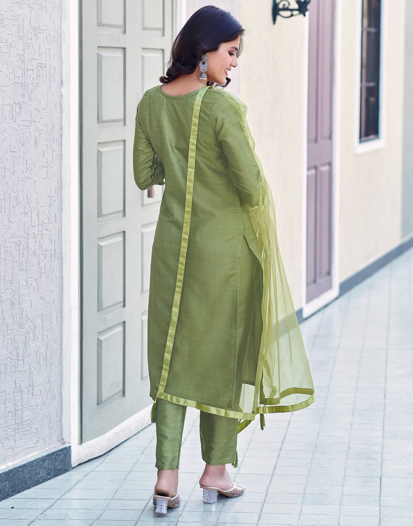 Silk Blend Sequence Embroidery Work and Lace Straight Kurta with Pant & Dupatta