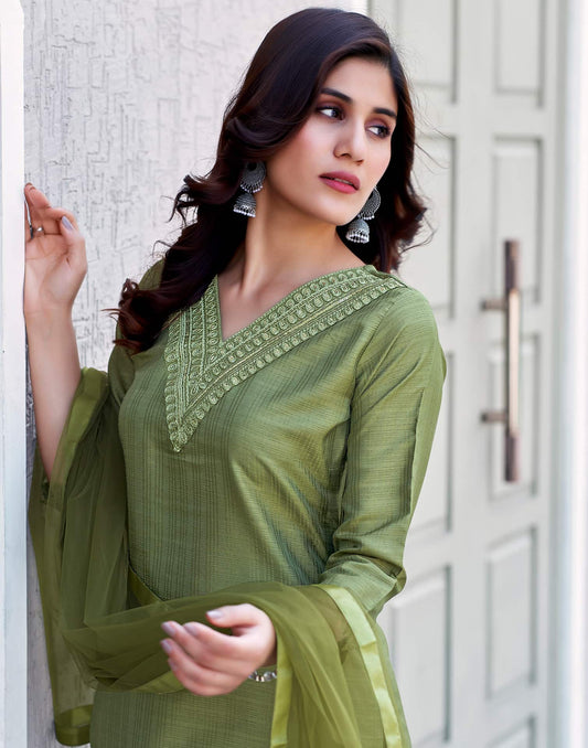 Silk Blend Sequence Embroidery Work and Lace Straight Kurta with Pant & Dupatta
