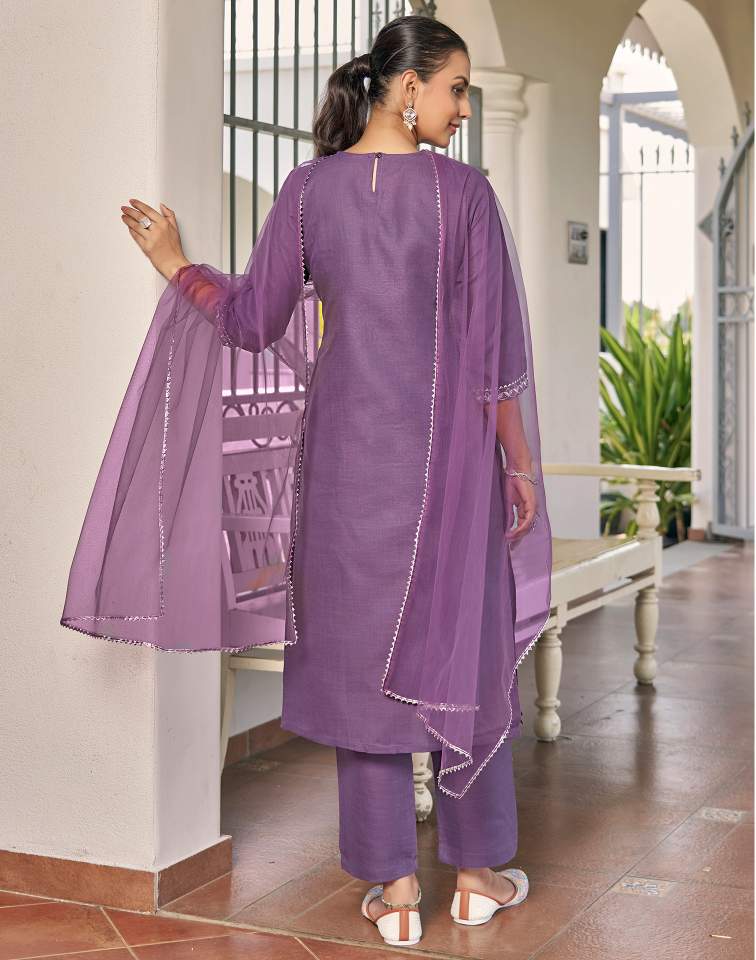 Dark Lavender Silk Plain V Neck 3/4 Sleeve Straight Kurta Set With Pant & Dupatta