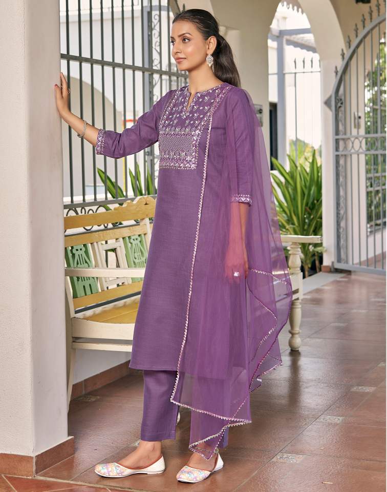 Dark Lavender Silk Plain V Neck 3/4 Sleeve Straight Kurta Set With Pant & Dupatta