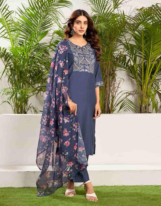 Silk Blend Embroidered Straight Kurta with Pant & Dupatta