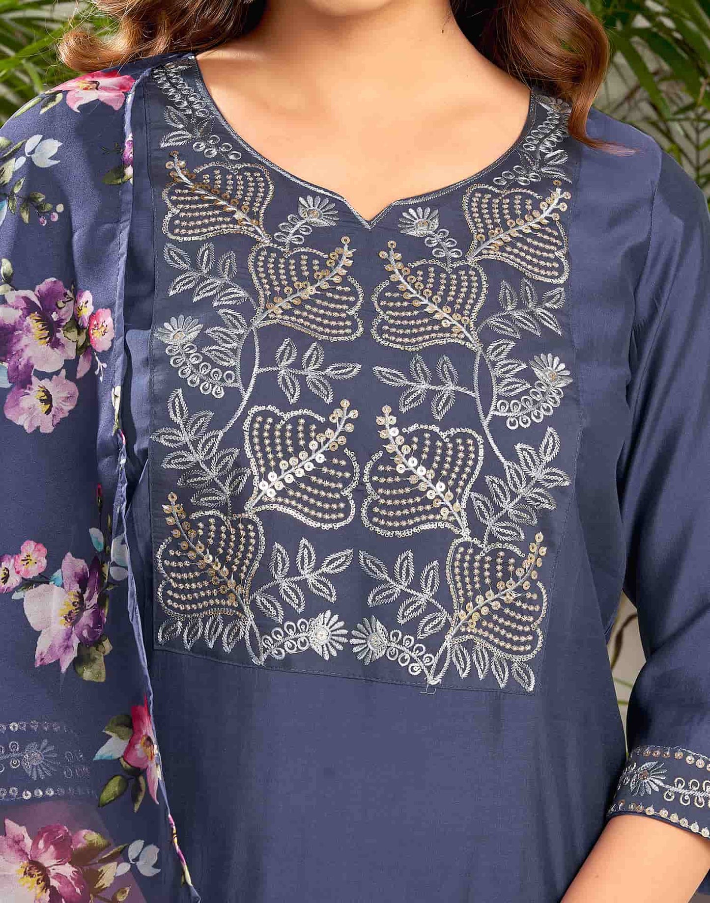 Silk Blend Embroidered Straight Kurta with Pant & Dupatta