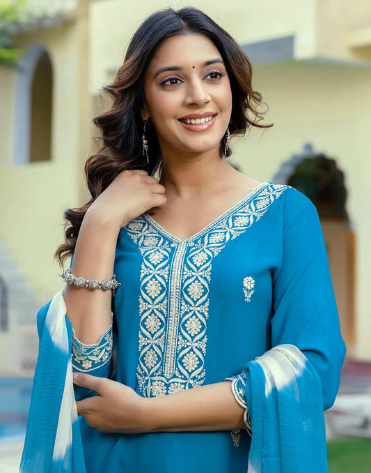 Rayon Embroidered Straight Kurta with Pant and Dupatta for Women