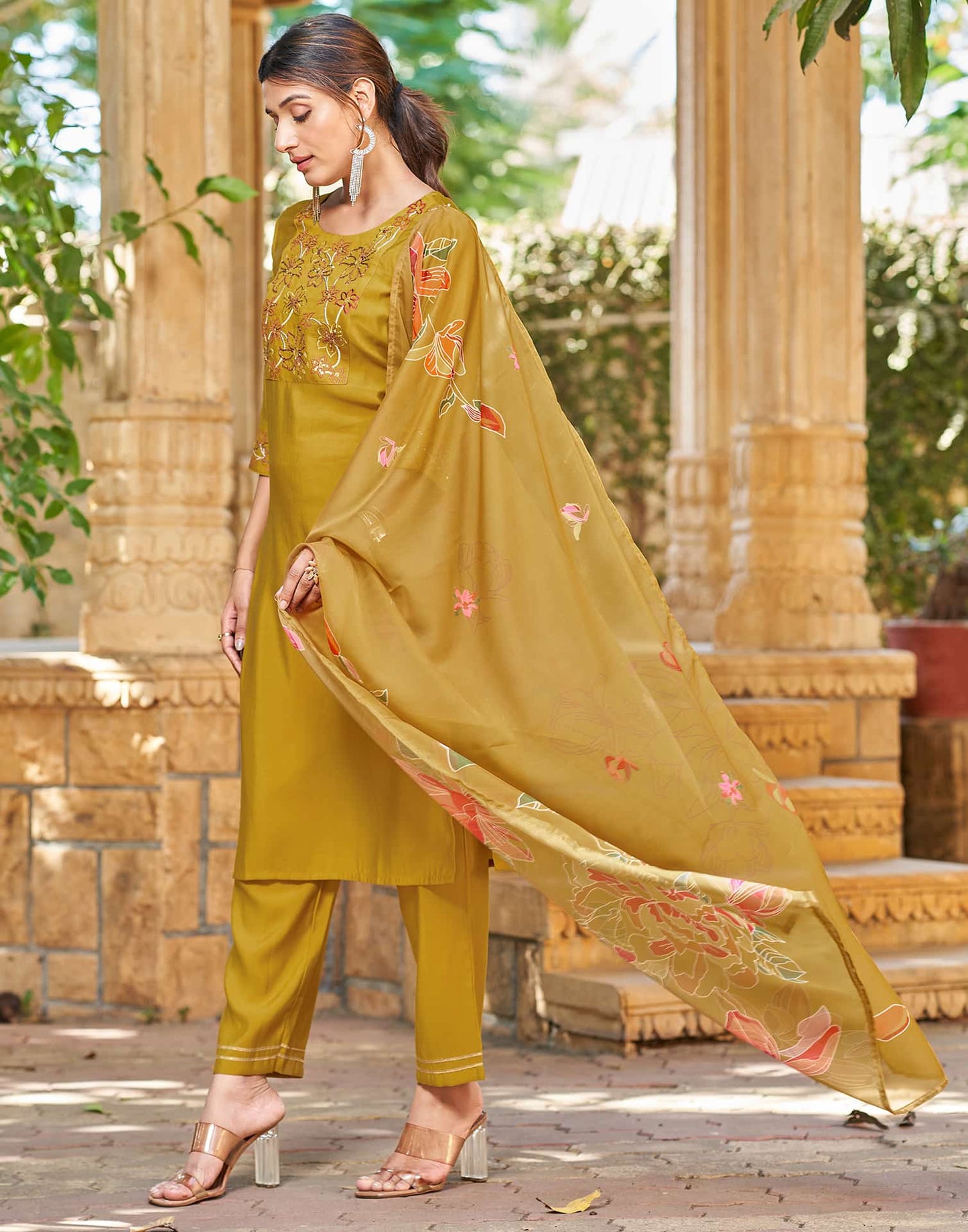 Silk Blend Embroidered Straight Kurta with Pant & Dupatta