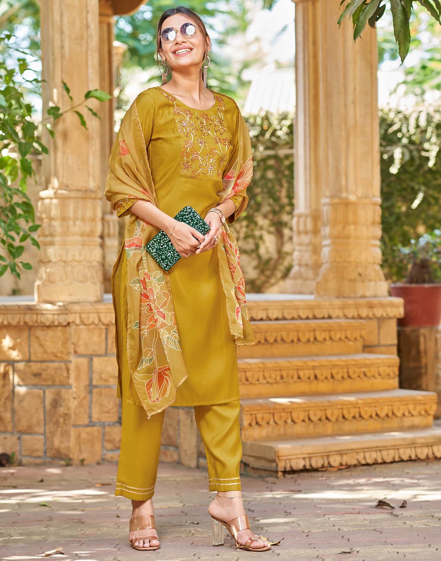 Silk Blend Embroidered Straight Kurta with Pant & Dupatta