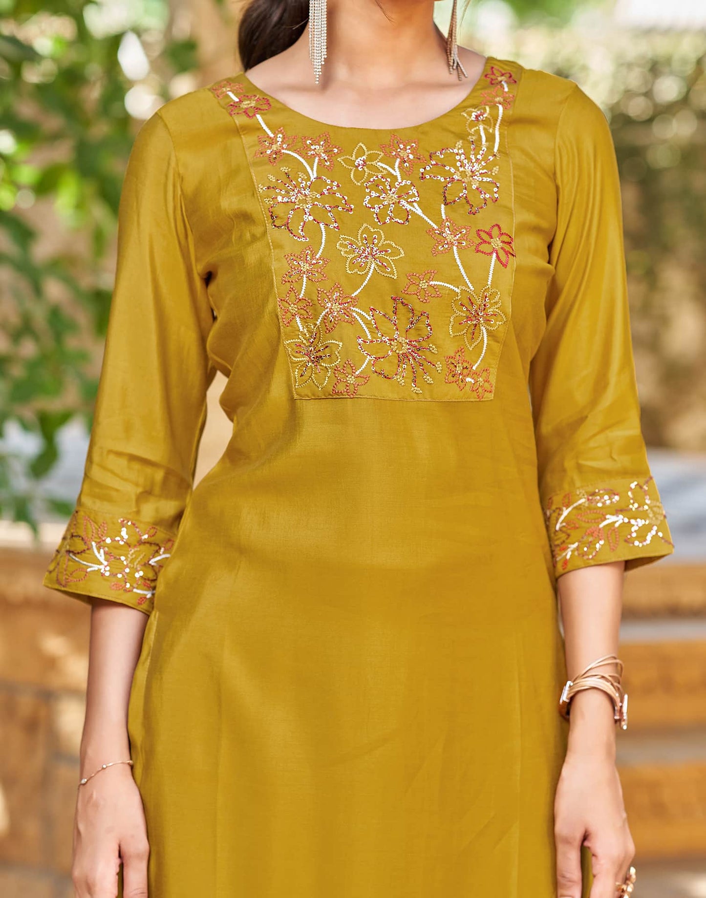 Silk Blend Embroidered Straight Kurta with Pant & Dupatta