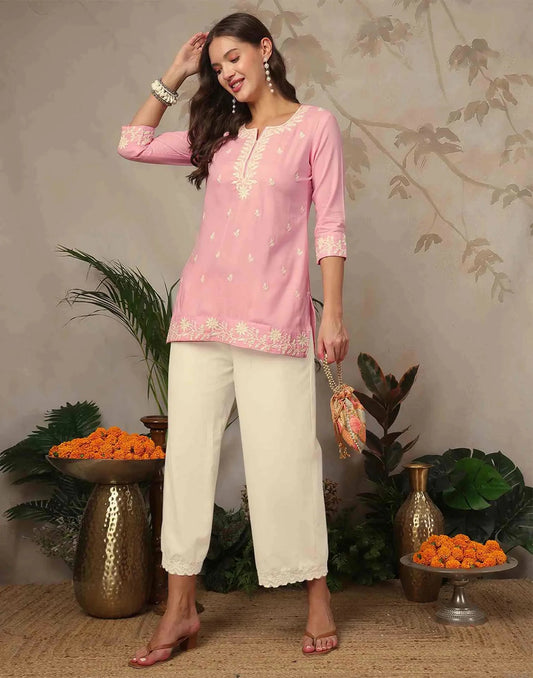 Rayon Chikankari Straight Round Neck Short Kurti