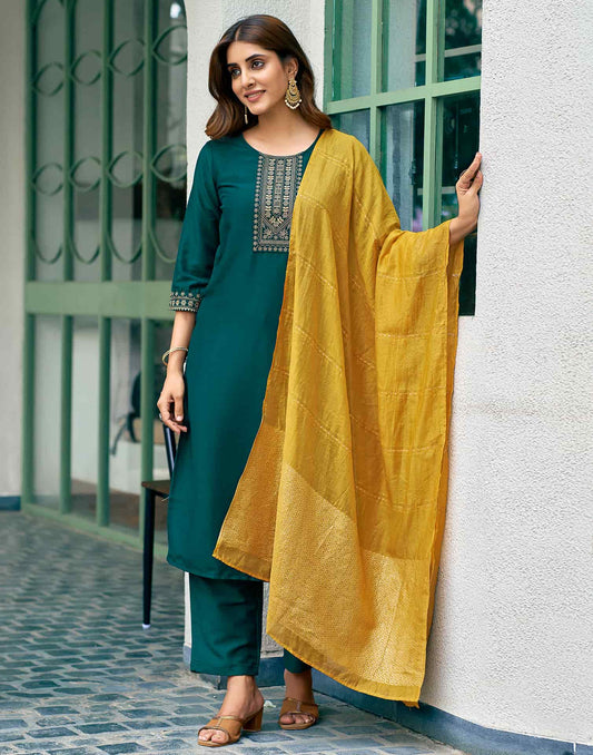 Silk Blend Embroidery Straight Kurta with Pant & Dupatta