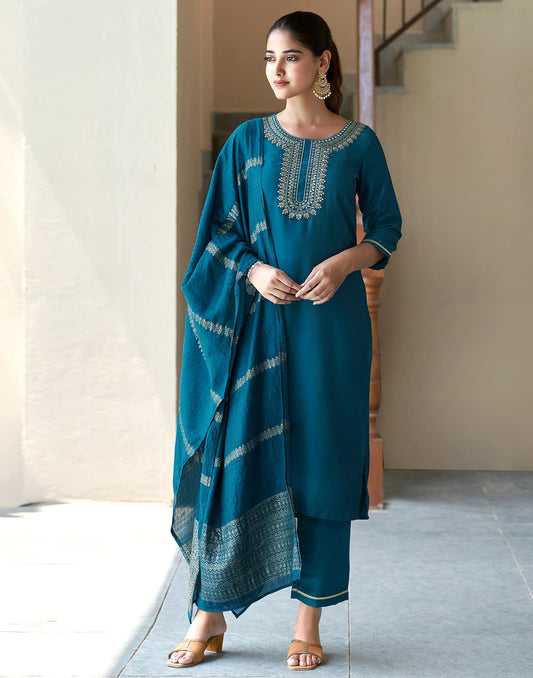 Cotton Blend Embroidery and Lace Straight Kurta with Pant & Dupatta