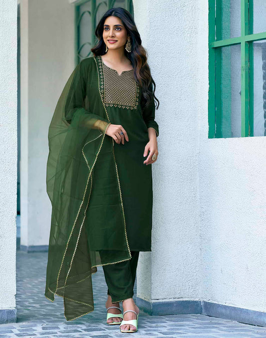 Silk Blend Dyed, Sequence Embroidery Work and Gota Lace Straight Kurta with Pant & Dupatta