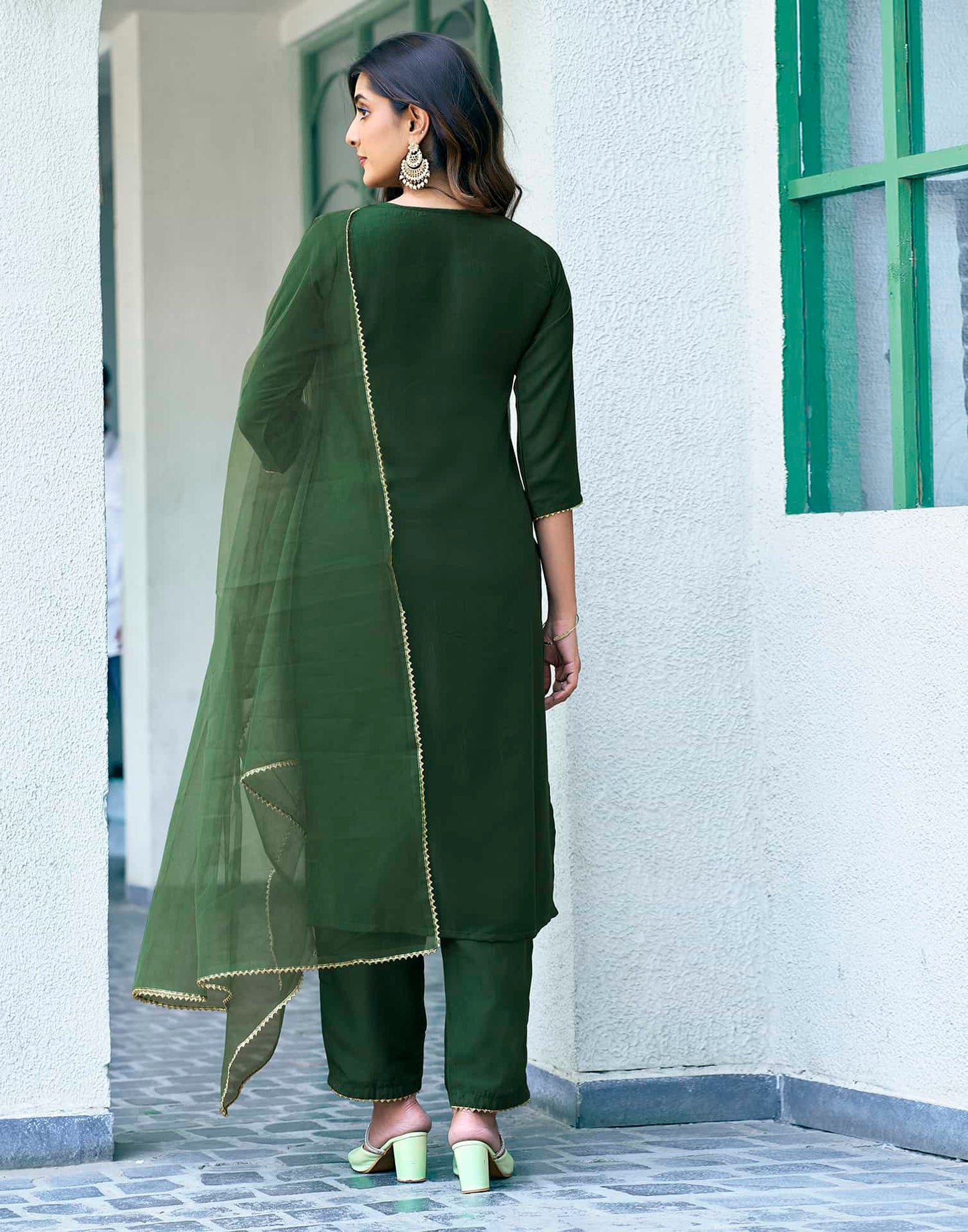 Silk Blend Dyed, Sequence Embroidery Work and Gota Lace Straight Kurta with Pant & Dupatta