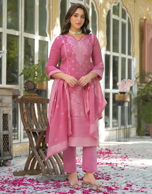 Cotton Woven Design Straight V-Neck Kurta with Pant & Dupatta