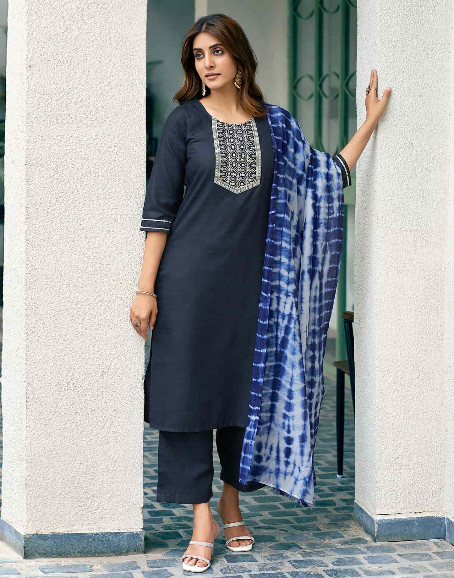 Cotton Blend Embroidered Straight Kurta with Pant & Dupatta