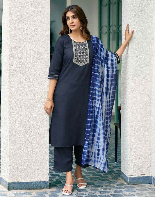 Cotton Blend Embroidered Straight Kurta with Pant & Dupatta