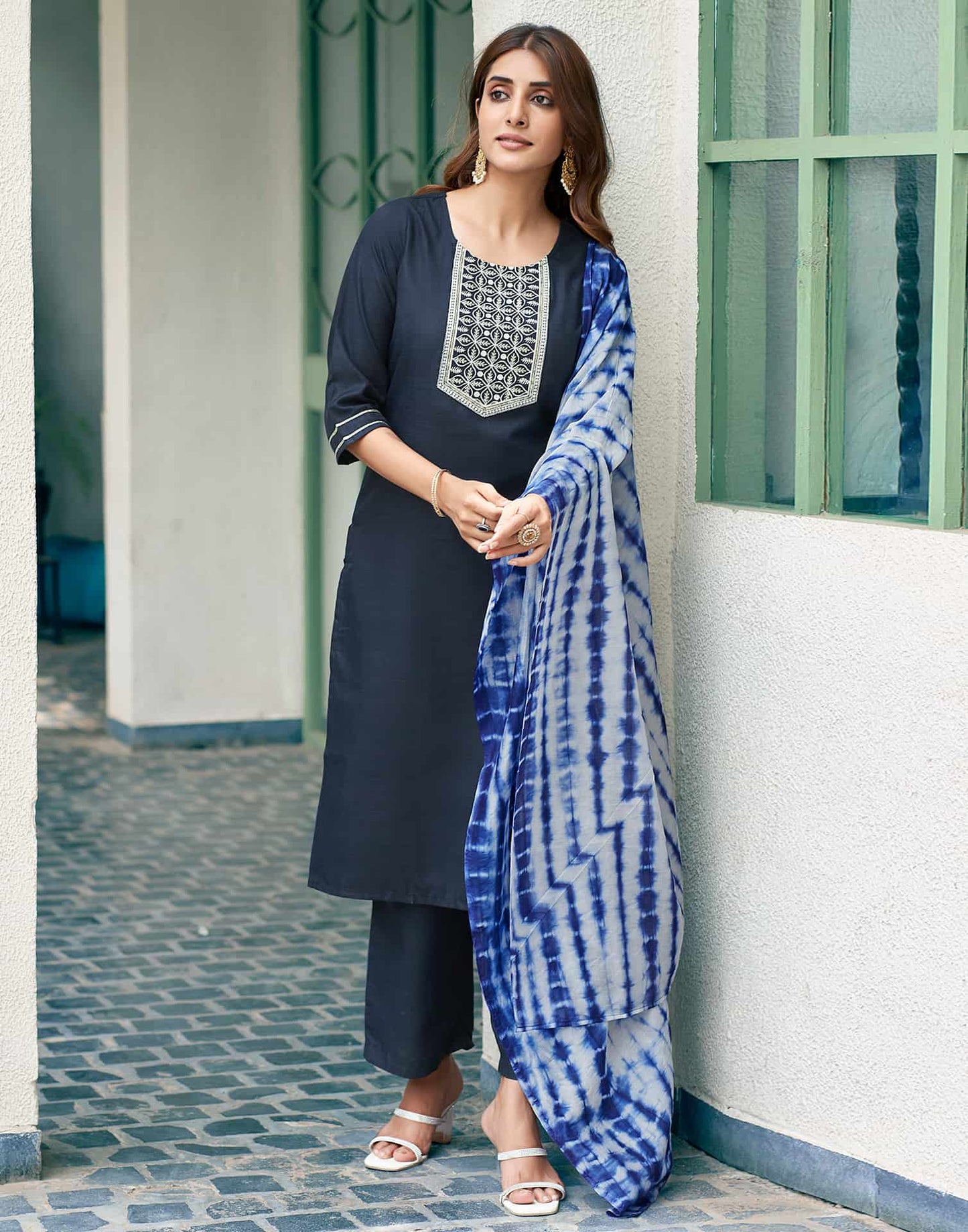 Cotton Blend Embroidered Straight Kurta with Pant & Dupatta