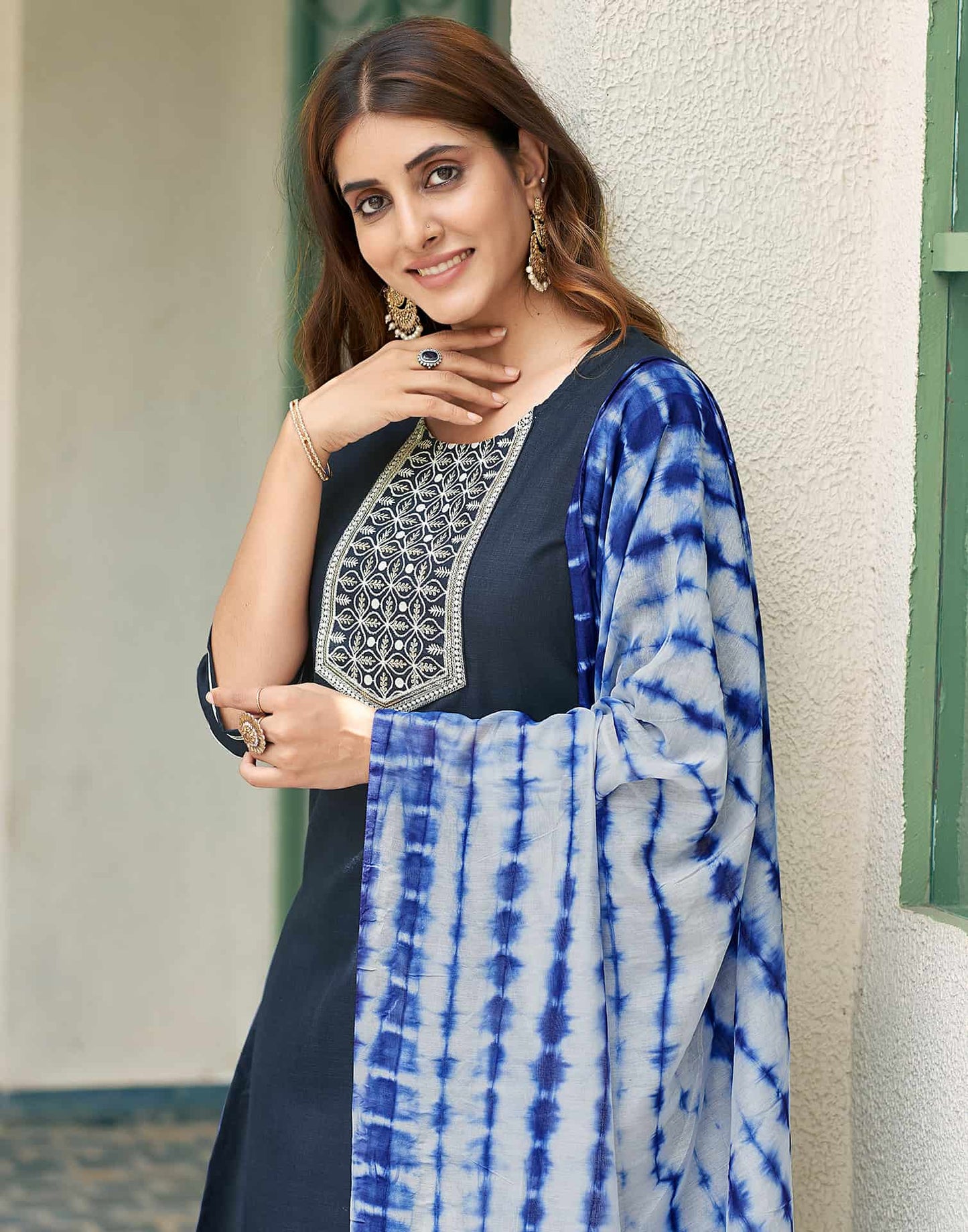 Cotton Blend Embroidered Straight Kurta with Pant & Dupatta