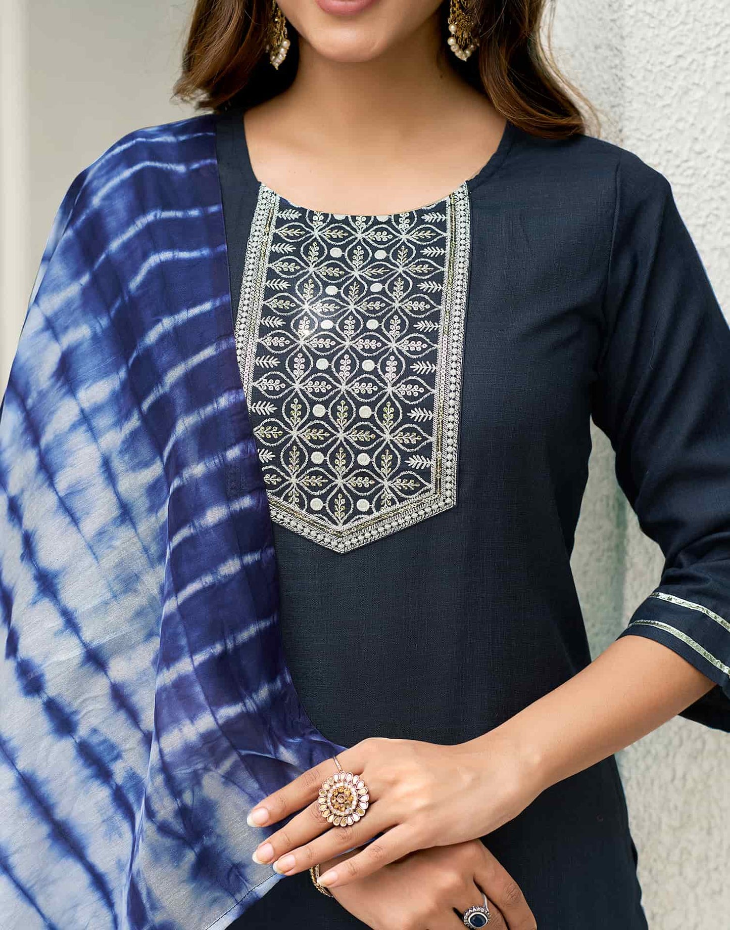 Cotton Blend Embroidered Straight Kurta with Pant & Dupatta